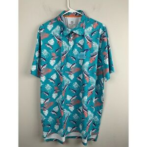 Scales Gear Polo Shirt Men's Large Blue Fish Leaf Print Short Sleeve Performance